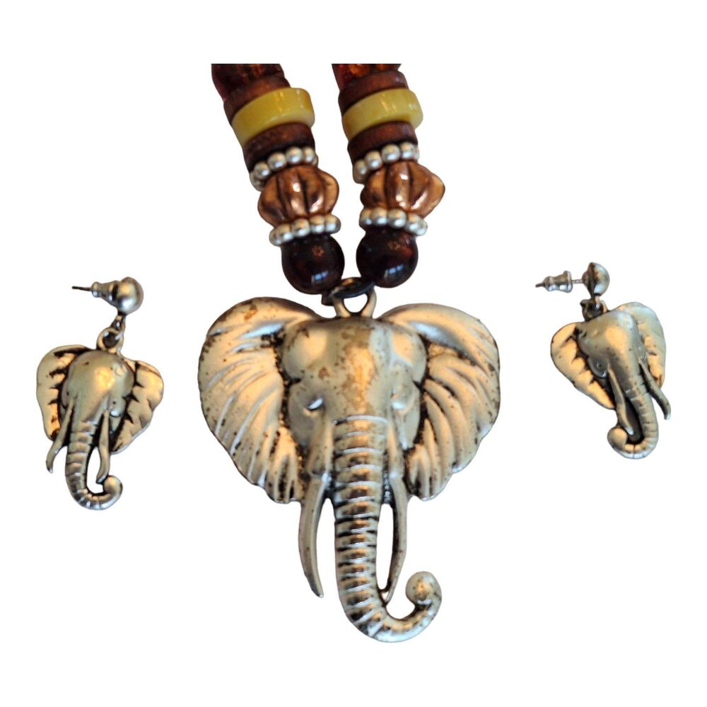 Elephant Head Statement Piece Necklace and Earrings Set Safari Bama Pride - Picture 1 of 12